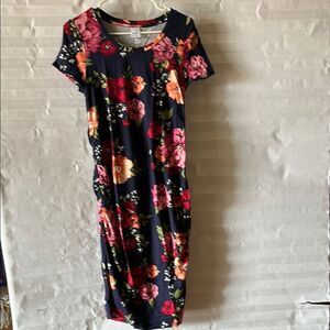 Time & Tru Women’s Small Maternity Dress | Dark Blue Floral | Short Sleeve